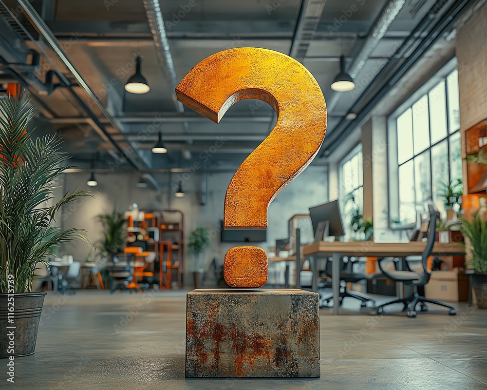 Poster a large question mark dominating a stylish office, symbolizing confusion and the uncertainty busines