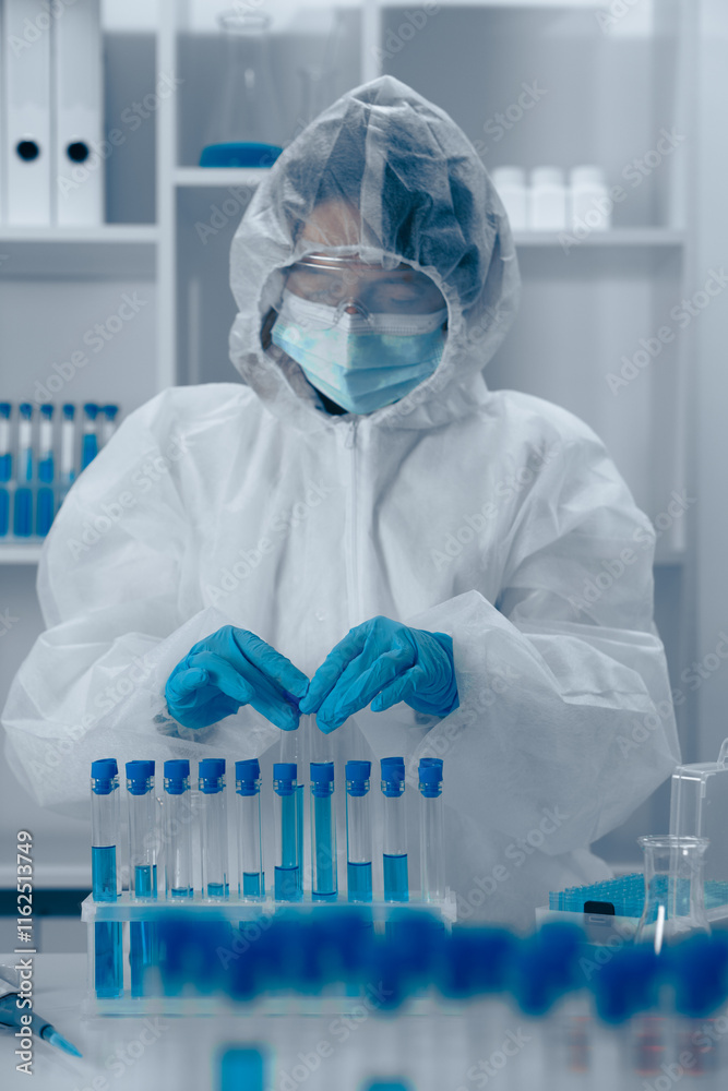 Poster in a top lab, a skilled scientist in protective gear analyzes test tubes, ensuring safety and precis