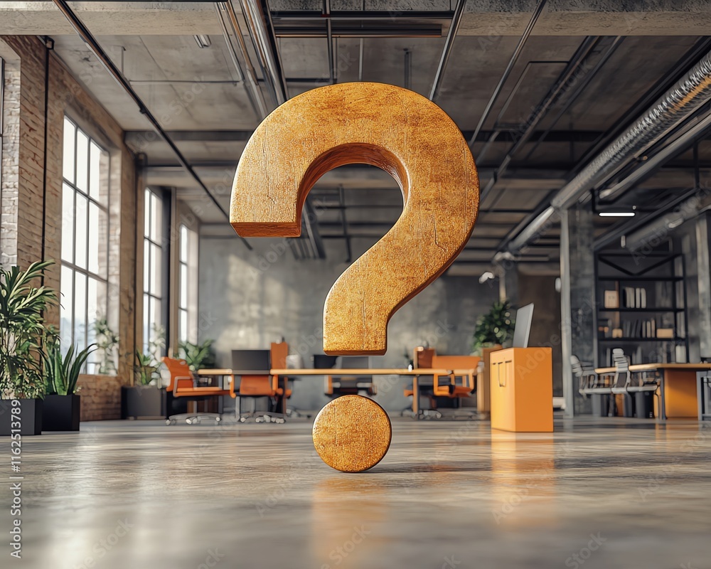 Poster a large question mark dominating a stylish office, symbolizing confusion and the uncertainty busines