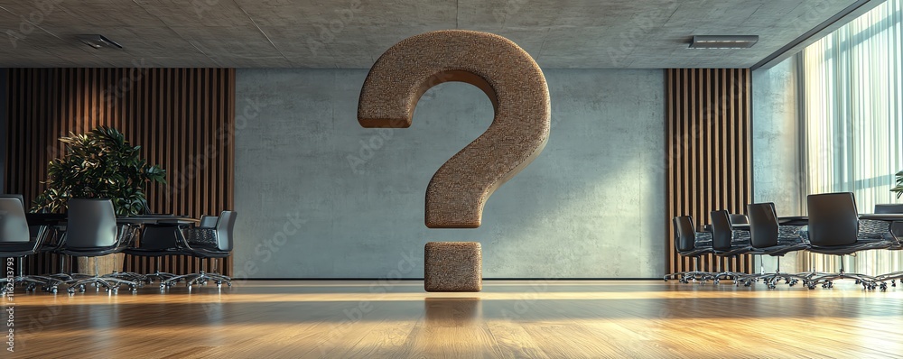 Poster a large question mark in a sleek, modern office, symbolizing uncertainty in business futures and str