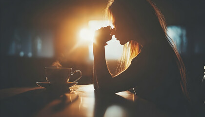 Pensive woman sits alone, hands clasped, contemplating near a steaming cup of tea; bathed in warm, golden light.  A moment of quiet reflection.