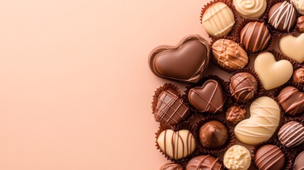An assortment of heart-shaped chocolates displayed on a soft peach background, perfect for marketing campaigns related to Valentine's Day, desserts, or confectionery