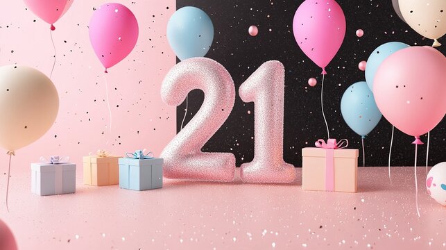 21st birthday celebration with balloons and gifts.