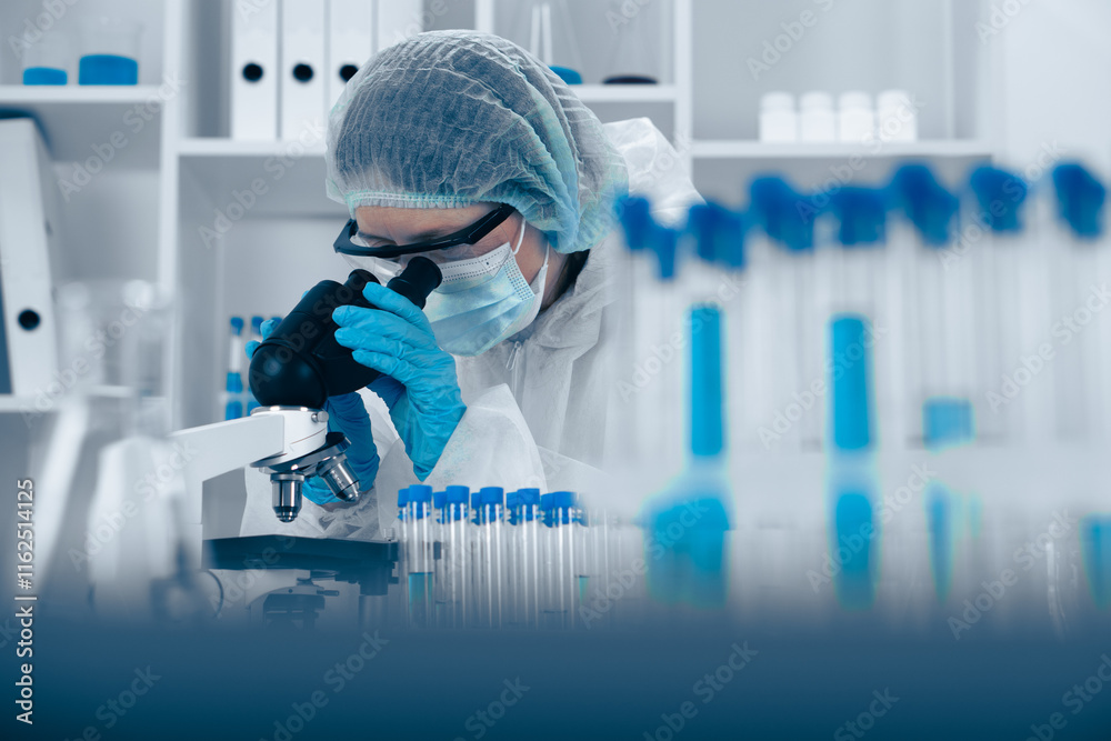 Poster Scientist Analyzing Samples Under Microscope in Modern Laboratory Environment