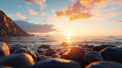 Breathtaking Sunset Illuminating Rocky Beach with Vibrant Colors Casting Reflections on Calm Water Creating Tranquility