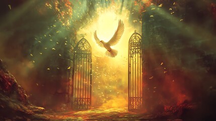 A religious and spiritual illustration of heaven with a white dove flying above the golden gates of heaven, beams of heavenly light 
