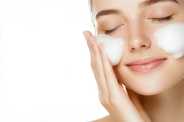 Close-up of a woman cleansing her glowing skin with foam, gently touching her cheek with a serene expression against a white background