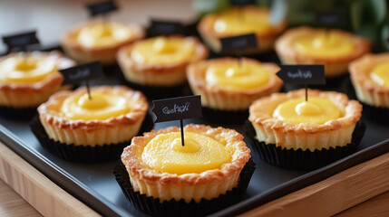 Yellow-Themed Canap&eacute;s Served on Black Elegant Tray with Toothpick Flags