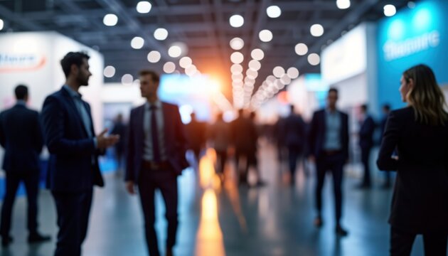 Business professionals mingle at bustling trade show. Chatting, interacting. Bright lights illuminate exhibition booths in background. Image busy indoor venue. Portrays modern business event. Focus