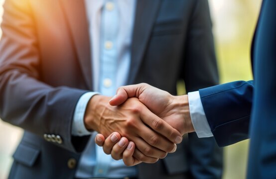 Two business executives shake hands at meeting. Successful business partnership agreement. Cooperation, teamwork. Professional business meeting indoors outdoors. Eco-friendly business deal. Growth,