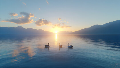Fototapeta premium Serene sunset over a tranquil lake, three graceful geese peacefully floating on the calm water, majestic mountains in the background.