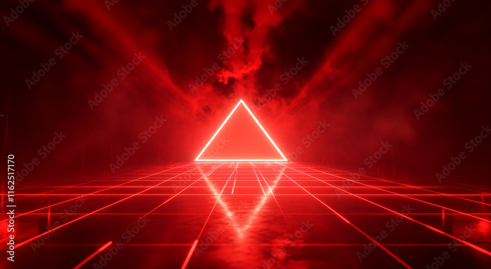 Poster futuristic neon triangle with red light grid and atmospheric smoke background