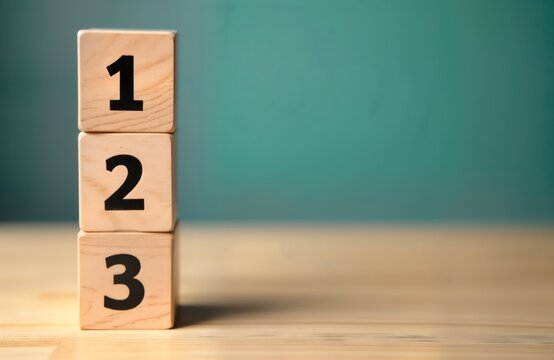 Wooden blocks stacked in order 1, 2, 3. Simple visual aids representing steps in process. Ideal for education, business presentations, displaying simple instructional system. Use as background image