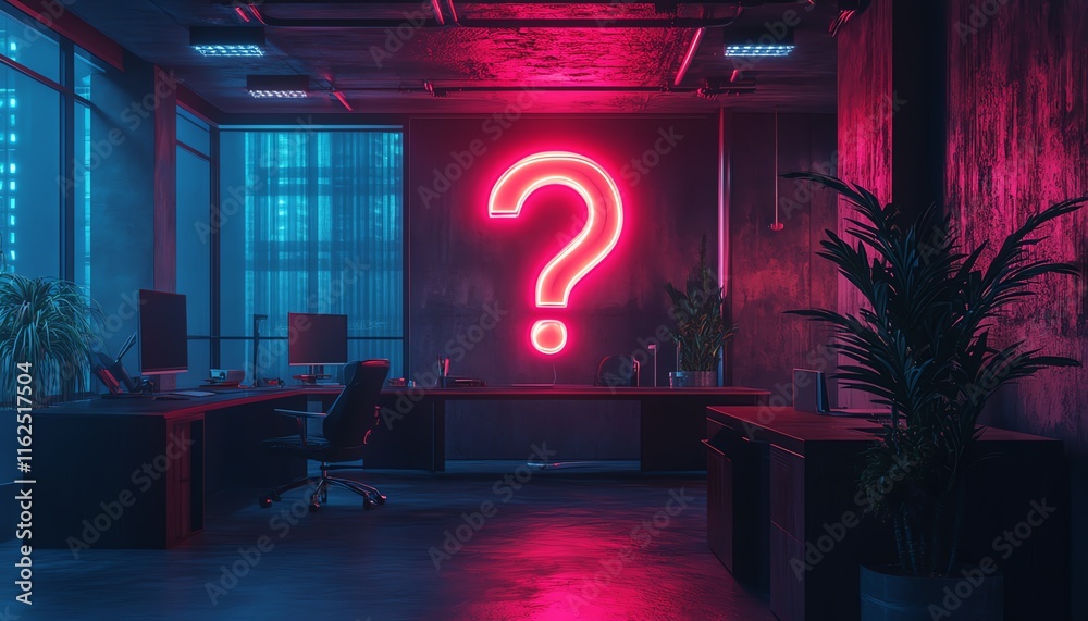 Fototapete Futuristic office with a large question mark, symbolizing the uncertainty and unknowns of navigating future business landscapes
