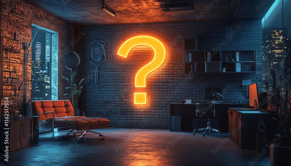 Fototapete futuristic office with a large question mark, symbolizing the uncertainty and unknowns of navigating