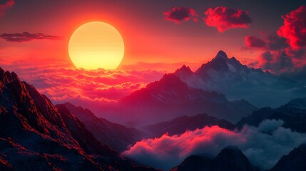 A Vibrant Neon Grid and Majestic Mountain Landscape with Radiant Sun Backdrop in 80s Style