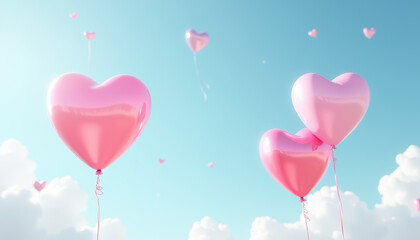 Colorful Heart Balloons Floating in Blue Sky