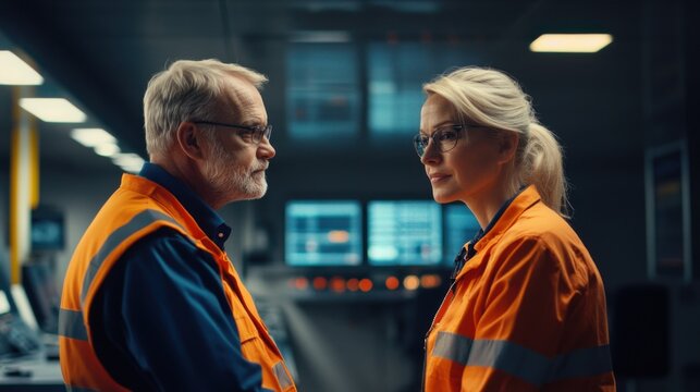 Colleagues Discussing Production Metrics in Control Room