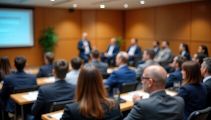 Obraz premium Blurred business event in conference hall. People seated at tables listening to speakers. Panel discussion in progress. Indoor setting. Pro atmosphere. Many people gathered. Corporate gathering.