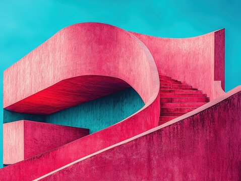 City Break Vibrant abstract architecture featuring curved shapes and bold colors against a blue sky.