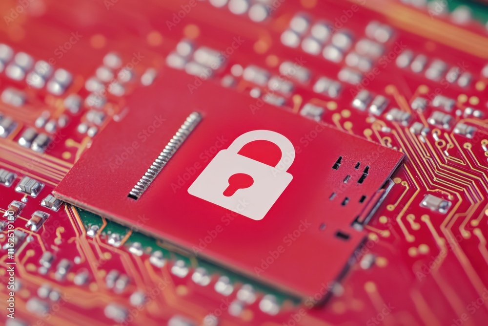 Poster security concept with lock icon on microchip circuit background in red tone