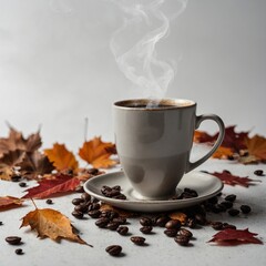 A steaming cup of black coffee with autumn leaves scattered around on a white background.