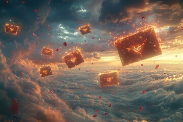 Magical envelopes soar through enchanting skies at sunset