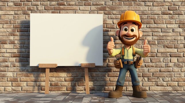 A 3D isolated cartoon character of construction worker or builder smiling against a brick wall with a plain white blank mock up billboard, copy space for text, advertising concept