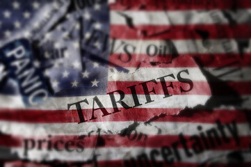 Tariffs news headlines over an American flag