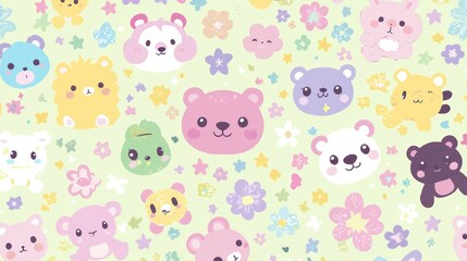 Pastel Animal Faces and Flowers Background Design