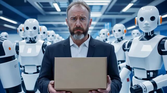 A worried fired man stands among robots in an office, holding a box of combs. Technology displacing humans, social problems of the future