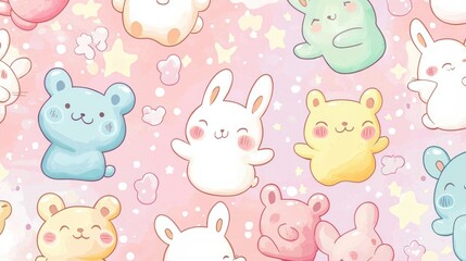 Adorable Pastel Colored Cartoon Animals and Stars