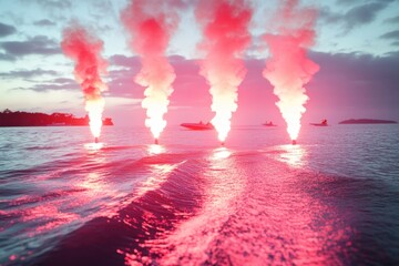 Boats and flares illuminate the evening sky during a coastal celebration near the water