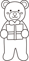 Cute little teddy bear holding a gift box valentine outline Vector.
Bear holding a gift box coloring drawing.
For celebrating Valentine's Day, wedding or birthday.
Valentine's Day icon element.