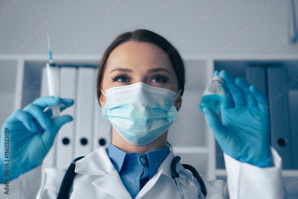 Poster a dedicated medical professional carefully preparing an injection using a vaccine vial in a clinical