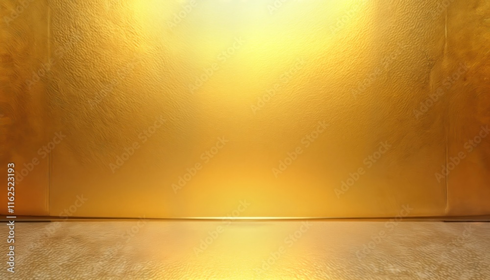 Aufkleber Golden concrete wall background with shiny texture. Empty studio room with smooth surface. Ideal for product display or graphic design. Luxury aesthetic. Versatile design.