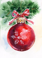 Christmas tree branch decorated with red ball. Watercolor illustration.