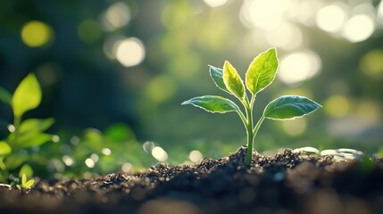 Fresh Green Seedling Growing in Rich Soil Against Soft Natural Background Light