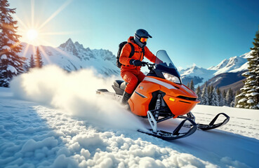 Man rides snowmobile in winter forest. Sunny day. Mountain background. Snowmobile leaves trail of snow. Action shot. Extreme winter sport. Fun adventure. Snowy landscape. Fast speed.