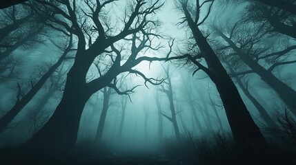 Obraz premium Enchanted Grove, ancient forest with towering gnarled trees, shrouded in mist, evoking a sense of mystery and wonder.