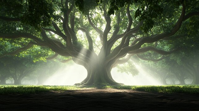 Majestic ancient oak forest, towering trees with expansive roots, an embodiment of timeless tranquility and natural beauty