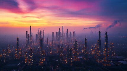 Fototapeta premium Aerial view of industrial complex at sunset, hazy atmosphere with illuminated towers and smoke stacks.
