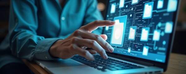 Person interacts with digital file system on laptop. Interactive tech interface displays network of folders, files. Person manages data files online. Modern business tech concept. Cloud data storage.