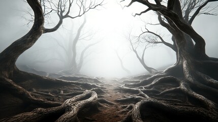 Enchanted Forest Depths, a mystical landscape of ancient woods, twisted trees, and entwined roots, inviting exploration and wonder.