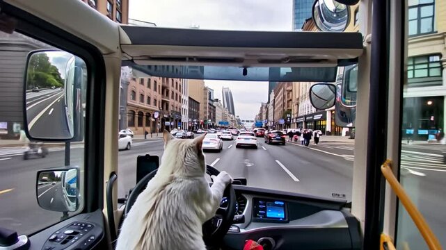 video of cat driving car in city