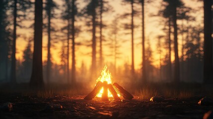 Serene Campfire Glow in Tranquil Forest, warm ambiance, inviting atmosphere, immersive 3D illustration, evening tranquility