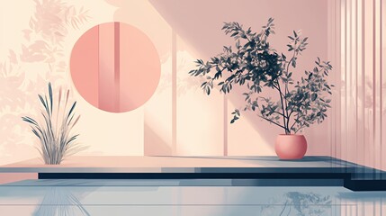 Minimalist Interior Design Featuring Plants and Geometric Shapes