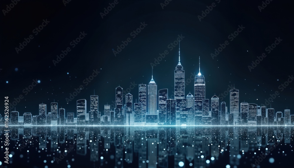 Poster futuristic city skyline at night. digital cityscape with white lines, dots. modern architecture. ele