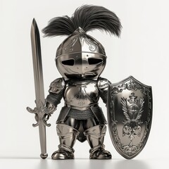 Metallic knight figure holding a sword and shield, showcasing a playful design.
