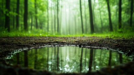 Fototapeta premium Serene Forest Pond, tranquil clearing surrounded by lush greenery, mirror-like surface reflecting vibrant trees and sky above.